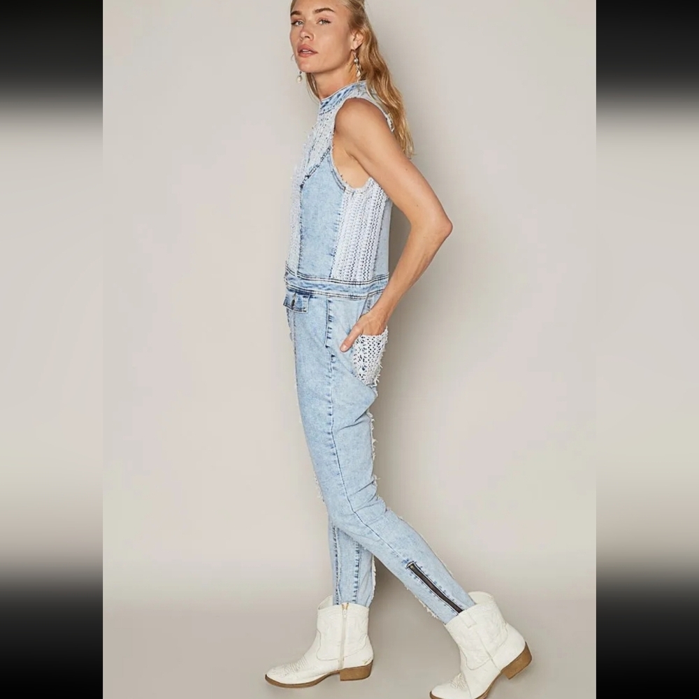 POL Light Blue Denim And Knit Jumpsuit. Various Sizes. NWOT - Picture 4 of 7